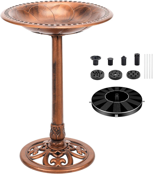 Bird Bath 28 Inch Height with Solar Powered Fountain, Polyresin Standing Antique Birdbath for Outdoor Garden Decor, Copper