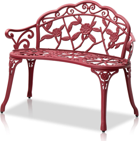 Bonnlo 38.5" Patio Outdoor Bench, Cast Anti-Rust Iron Aluminum Garden Bench with Rose Patten Finish Chair, Entryway Bench 2 Person Seat for Patio, Lawn, Backyard