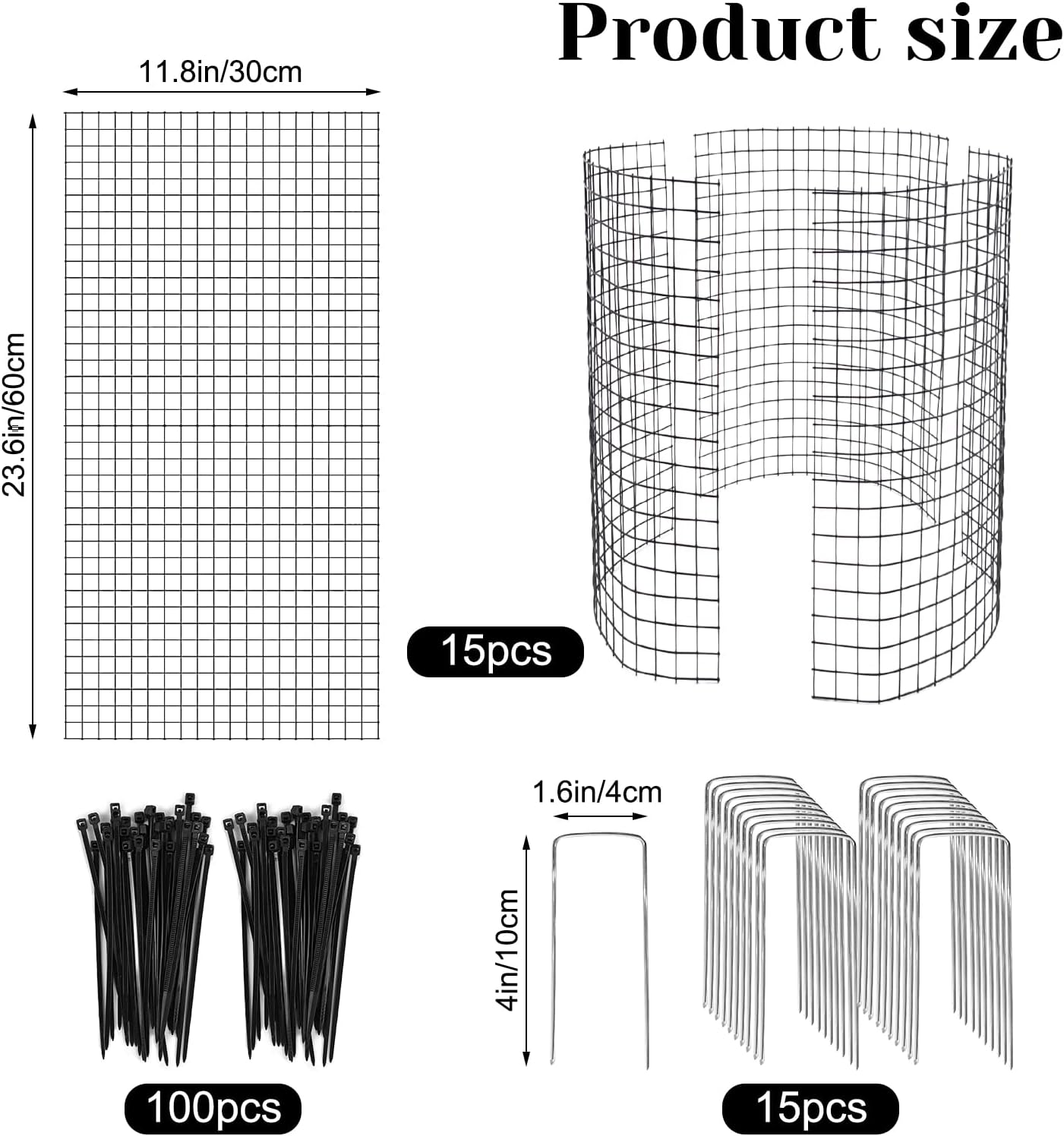 15 Pcs Large Wire Plant Protector from Animals, 5 Pack 24" H X 12" Dia Metal Plant Cage Chicken Wire Cloche with Ground Stakes and Nylon Tie to Keep Animals Out, Garden Protection Bunny Barricade