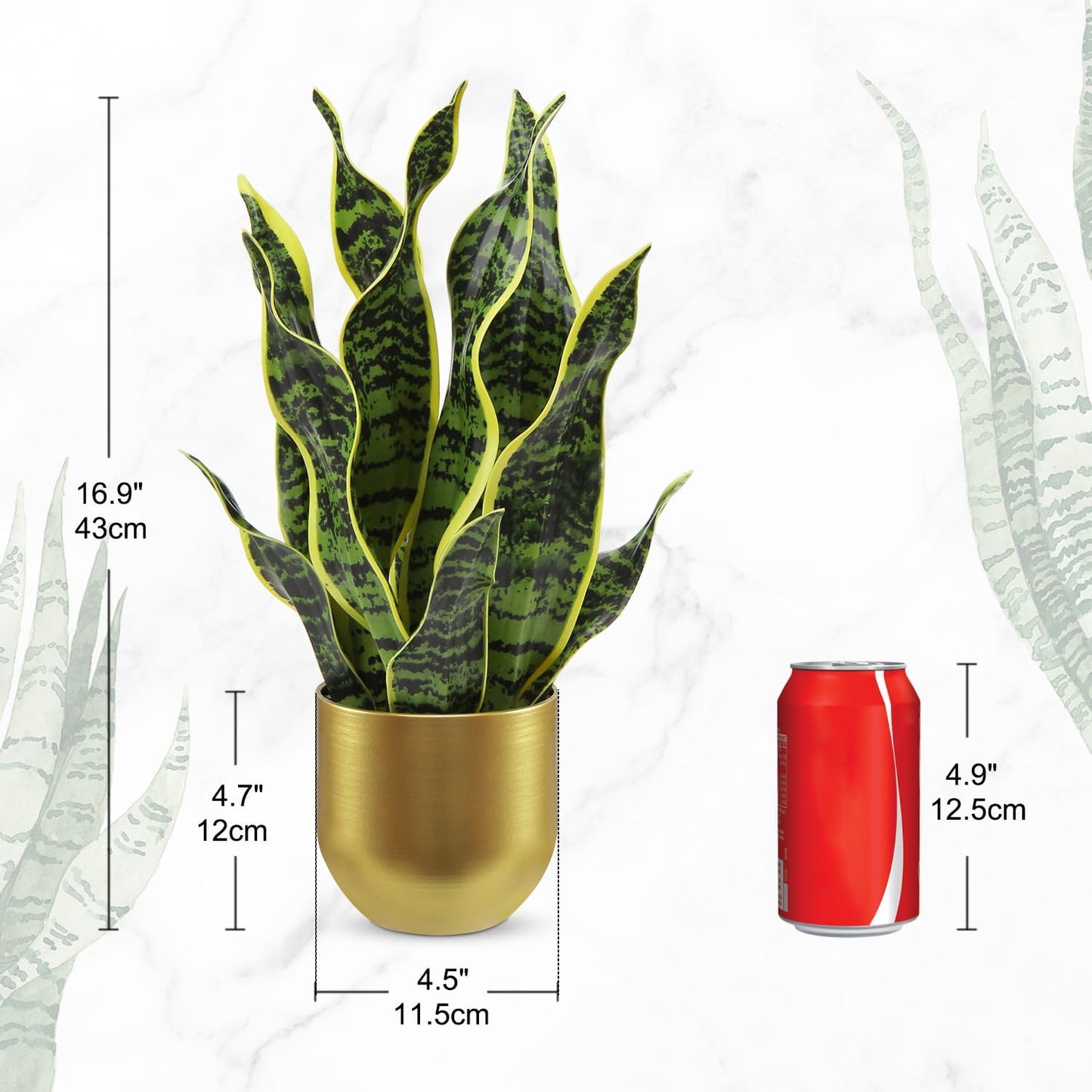 Hollyone Artificial Snake Plant Potted Faux Sansevieria Trifasciata Plants, 16.9" Tropical Mother in Law Tongue Fake Plants in Metal Gold Pots for Home Office Room Indoor Decor Housewarming Gifts