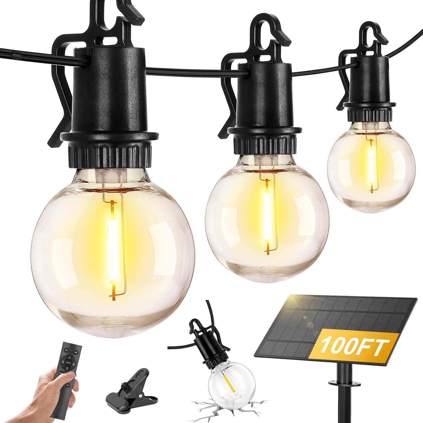 ZJOJO Solar Outdoor String Lights Waterproof, 100FT G40 Globe Patio Lights String Lights Solar Powered with 50 Edison Bulbs 2700K Shatterproof Hanging Lights for Porch Backyard Pergola Bistro