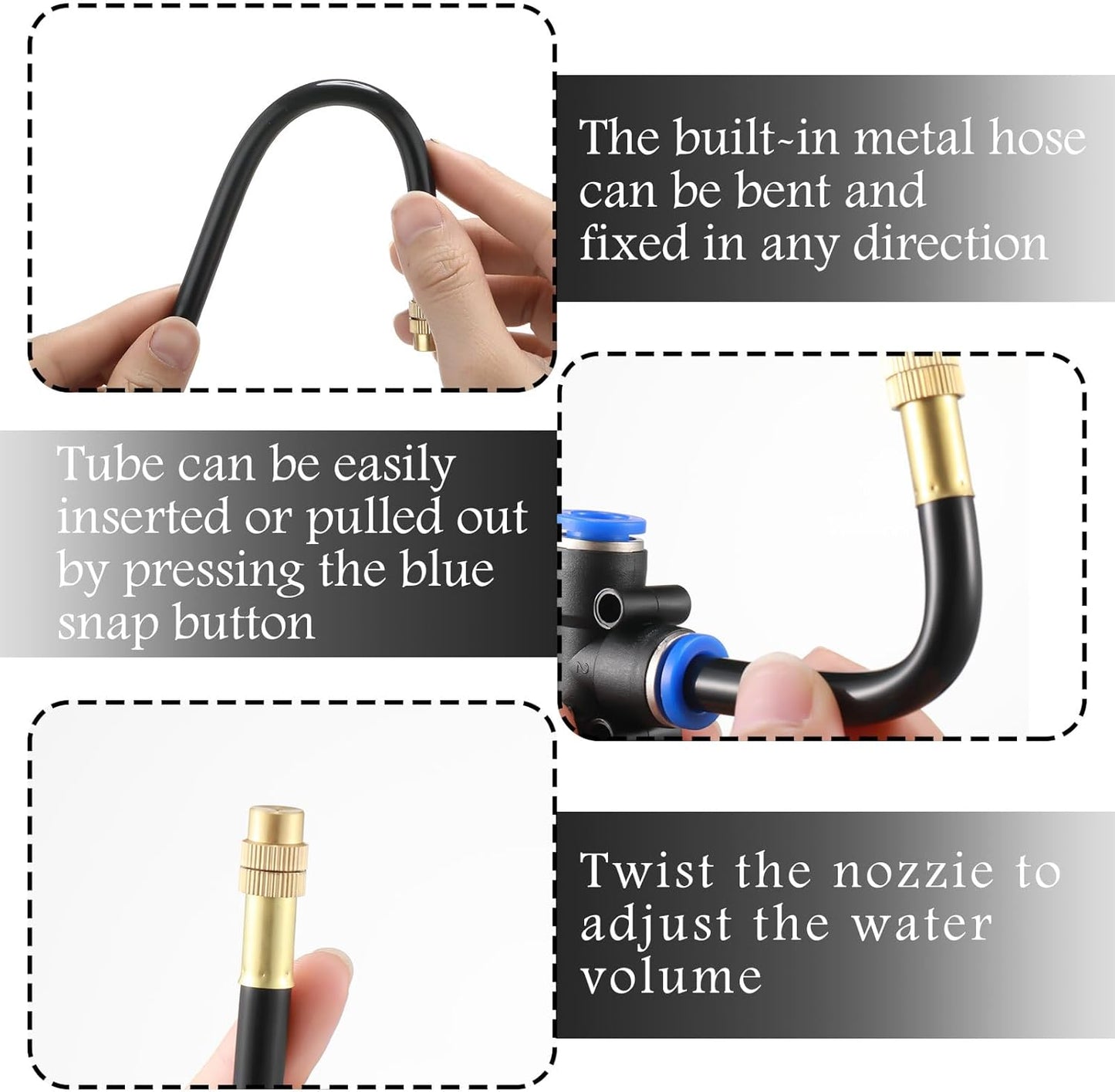 Zonon 10 Pcs Brass Misting Nozzles Tee with 16 Inch Built in Hose 360 Degree Rotation Adjustable Water Mister Nozzles Thread Sprayer 0.043" Misting Parts and Accessories for Patio Outdoor Cooling