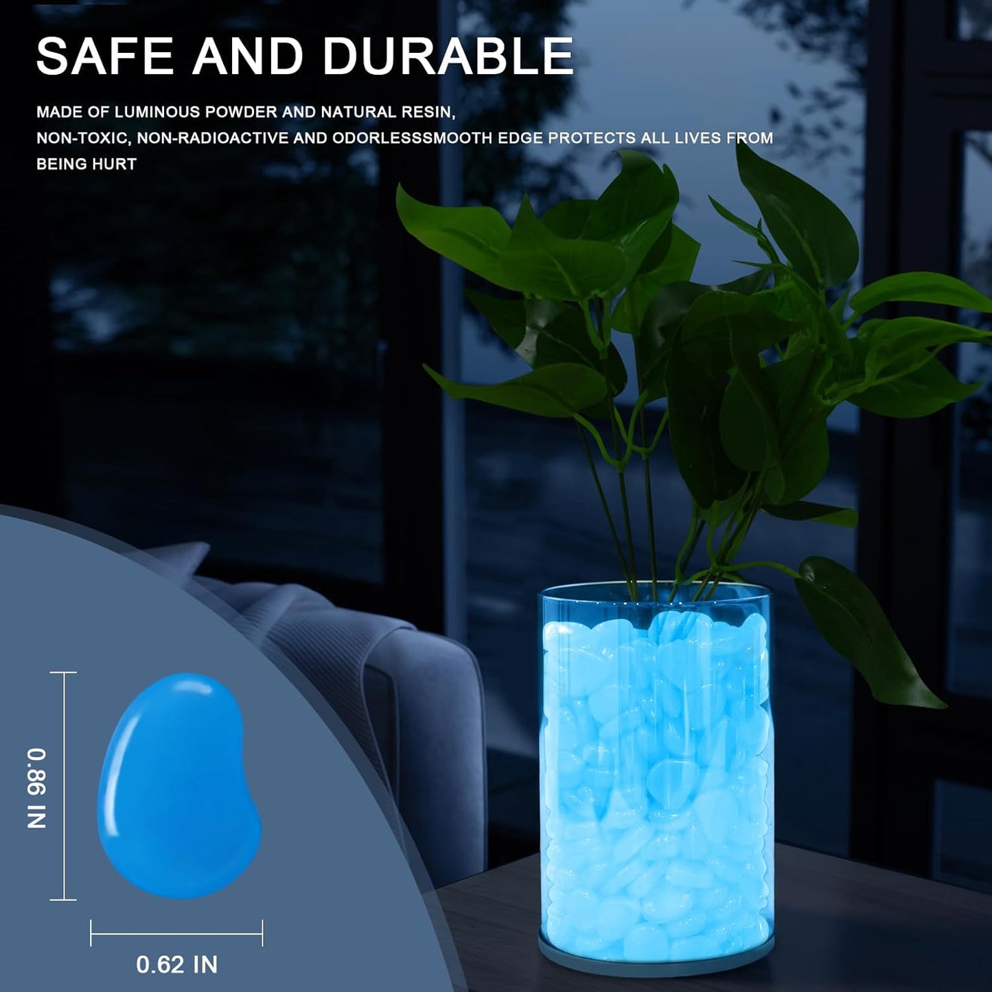 Oubest Glow in The Dark Rocks for Outdoor Landscaping Garden Stones, 0.8 Inch Blue Glow Pebbles Luminous Stones Decorative Rocks for Vases Pathway Walkway Yard Patio Fountain Driveway, 150PCS, Blue