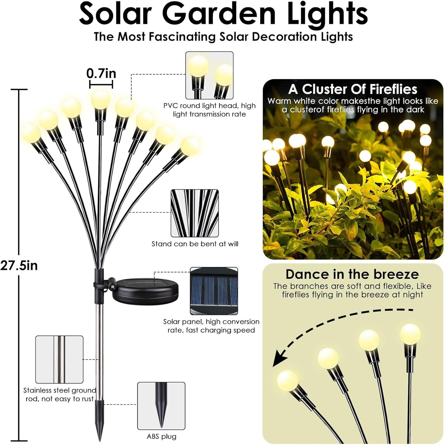 BOSSERN 2025 Solar Lights Outdoor Waterproof, 6 Pack Solar Garden Lights, Firefly Light Outdoor Waterproof, Twinkle Swaying Fairy Light for Yard Patio Pathway Garden Decoration (Warm White)