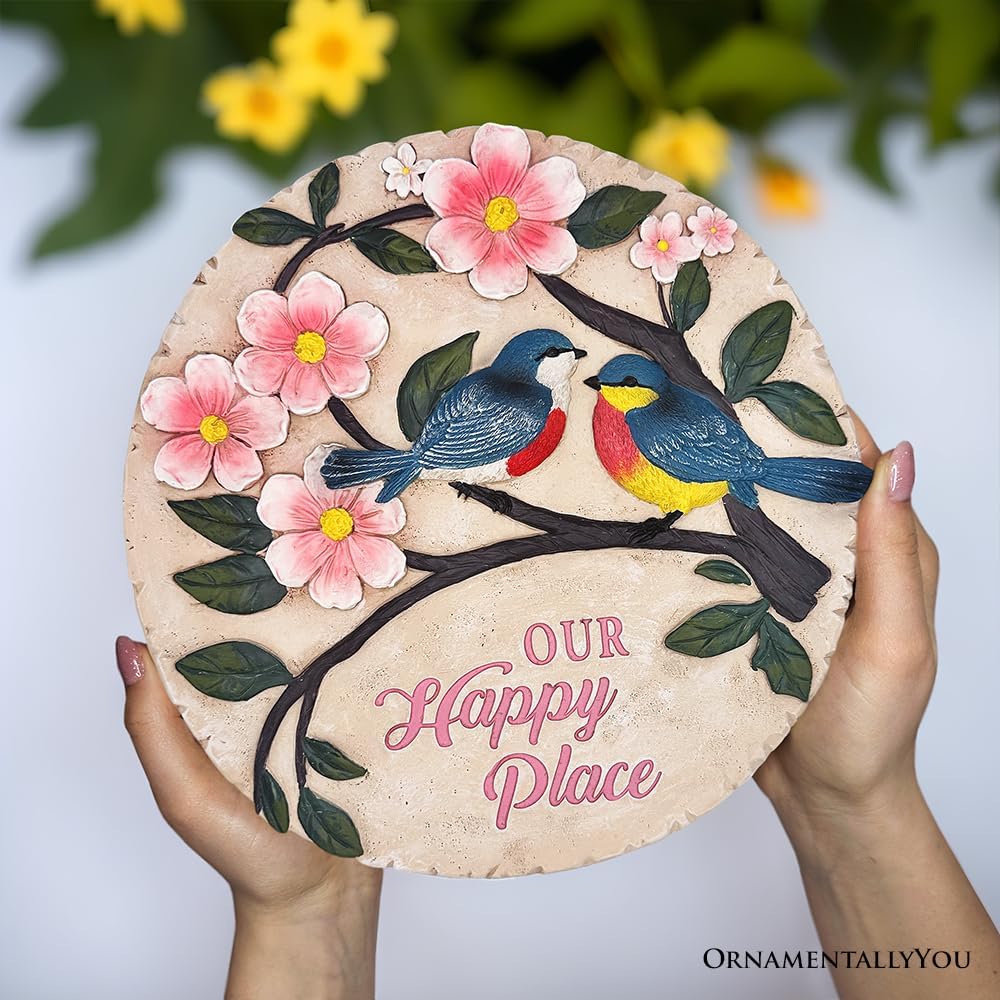 Elegant Resin Stepping Stone, Outdoor Garden Pathway Decoration (Blossoming Songbirds Positivity Stepping Stone, 9.5" Happiness Garden Decoration and Support Gift)