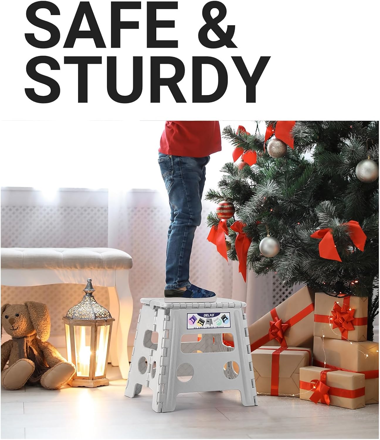 Delxo Folding Step Stool, 13 inch Non-Slip Foldable Stools for Kids & Adults Up to 300 LBS, Step Stool with Handle, Lightweight for Kitchen, Bathroom, Bedroom, Garden, Grey, 1PC