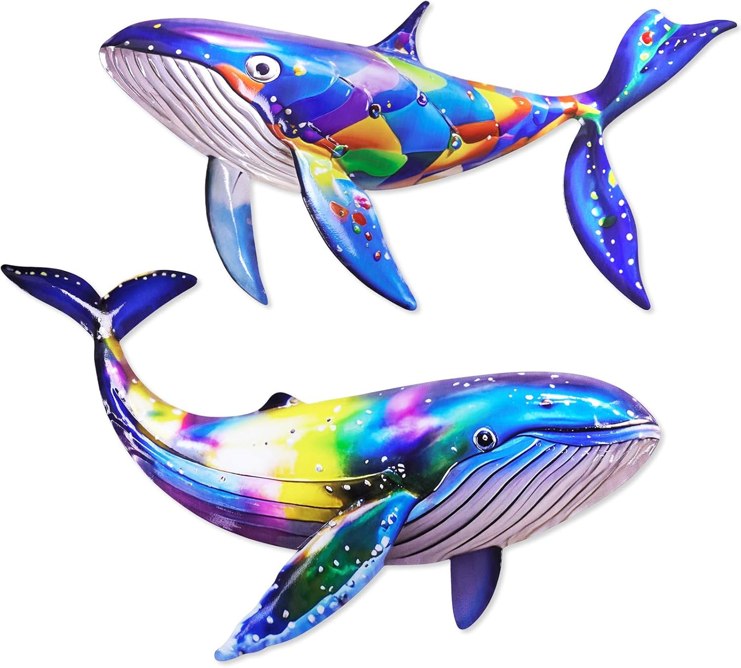 ULENDIS 2 Pack Metal Whales Wall Decor, Bright Color Nautical Metal Fish Wall Art, Wall Hanging Decorations Ocean Theme Outdoor Wall Decor for Patio Garden Yard Pool Fence