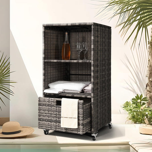 Outdoor Towel Rack for Pool Outdoor Pool Towel Storage Cabinet with Shelf & Drawer Pool Towel Holder with Rolling Wheels Hot Tub Towel Rack w/Waterproof Cover Poolside Towel Valet Caddy for Spa Grey