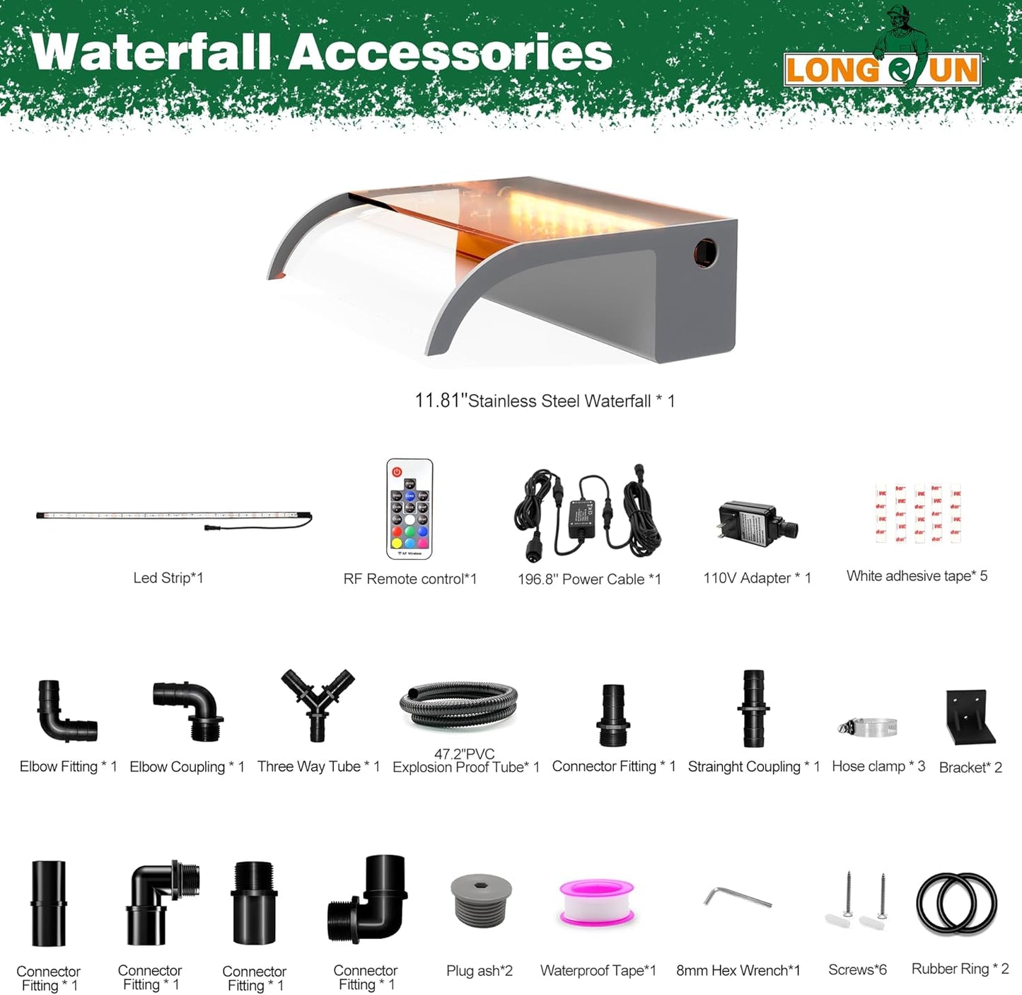 Waterfall Pool Fountain, LONGRUN Waterfall Spillway for Koi Ponds - 11.8" Transparent Acrylic Water Fall for Swimming Pool, Garden Pond, Patios, Spa Decoration