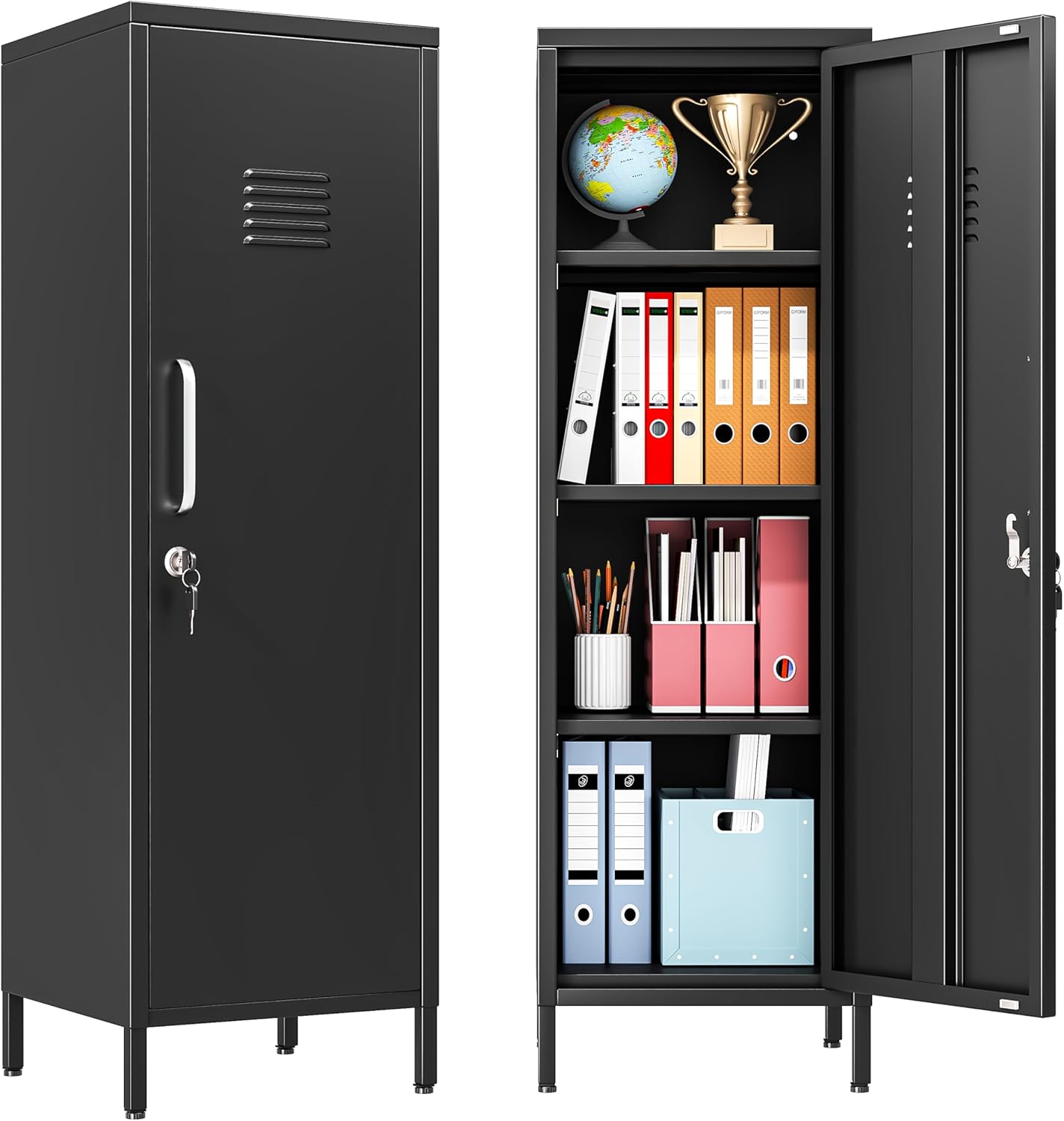47" Metal Storage Locker, Lockable Employees Metal Locker with Door and Adjustable Shelves, Steel Locker for Home, School, Office, Gym (Black)