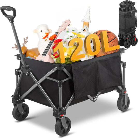 Collapsible Folding Wagon Cart, 220LBS Heavy Duty Foldable Utility Garden Cart with All Terrain Wheels & Side Storage Bag, Portable Sports Wagon for Camping, Shopping, Garden (Black)