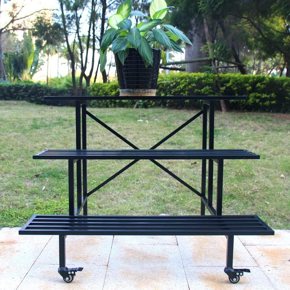 Zhongma 3 Tier Sturdy Metal Plant Stand with Wheels, L35.43 x W26 x H26 inch, Heavy Duty Plant Holder for Home Indoor and Outdoor, 660 LBS Capacity & Heavy Duty Construction