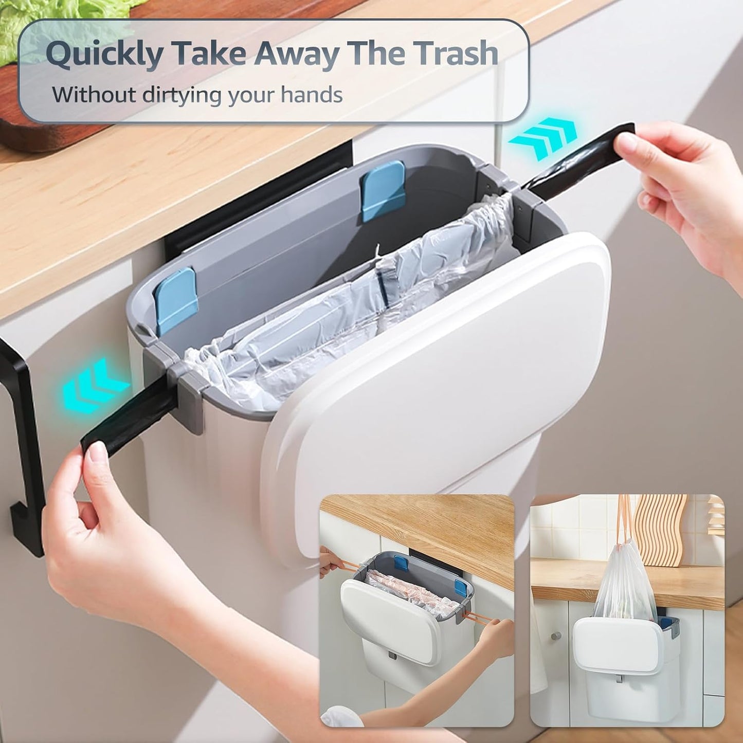 Hanging Trash Can with Lid, 2.3 Gallon Kitchen Garbage Bin Food Waste Container Convenient Durable Over Cabinet Door RV Counter Camping Cupboard Under Sink Compost Bathroom Wall Mounted