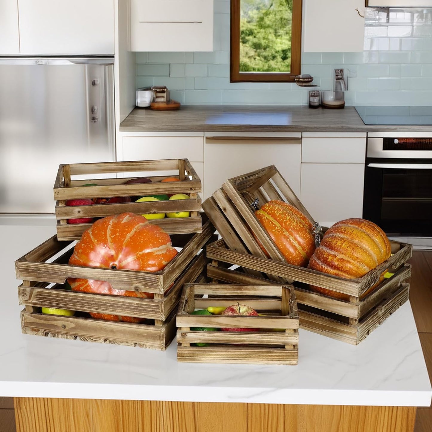 Set of 5 Large Wooden Crates, Nesting Storage Crate with Handles, Rustic Torched Brown Farmhouse Wooden Crates for Display, Wedding Birthday Home Party Living Room Kitchen Decoration