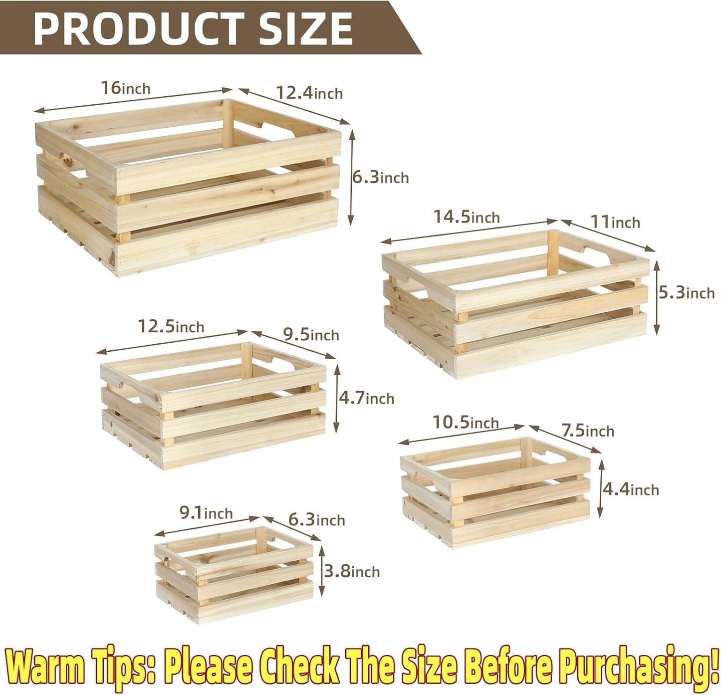 Wooden Crates, Unfinished Set of 5 Large Wood Crates with Handles, Rustic Farmhouse Wooden Crate for Decor, Wedding Birthday Home Party Living Room Kitchen Decoration