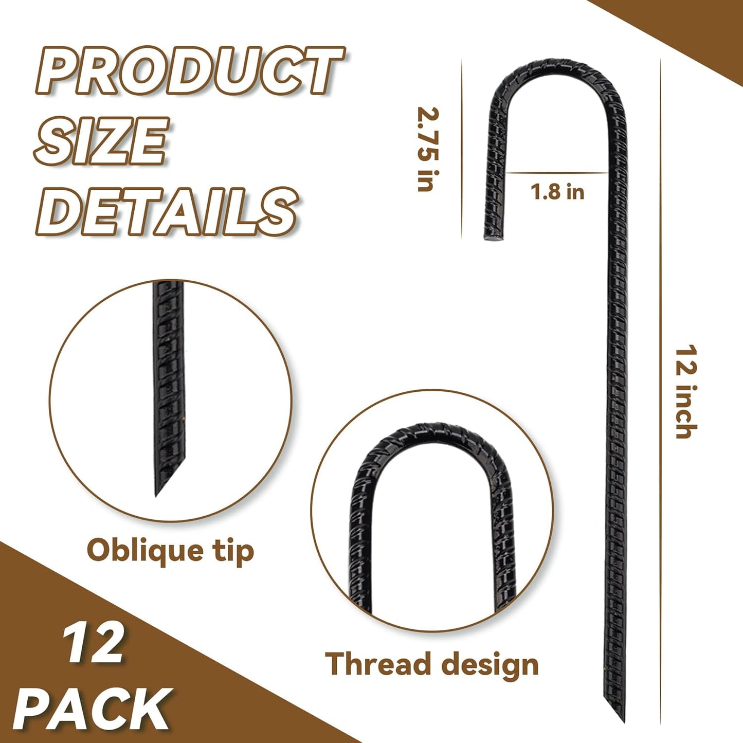 Galvanized Rebar Stakes 12 inch Heavy Duty J Hooks Ground Anchor for Fence Swing Tent (12 Pack, Black)