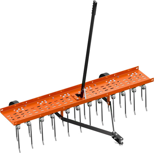 48" Tow-Behind Dethatcher with 24 Spring Steel Tines, Pull Behind Lawn Tractor Mower Grass Rake for Yard, Garden, and Farm Care – Removes Thatch, Leaves, and Pine Needles-Orange