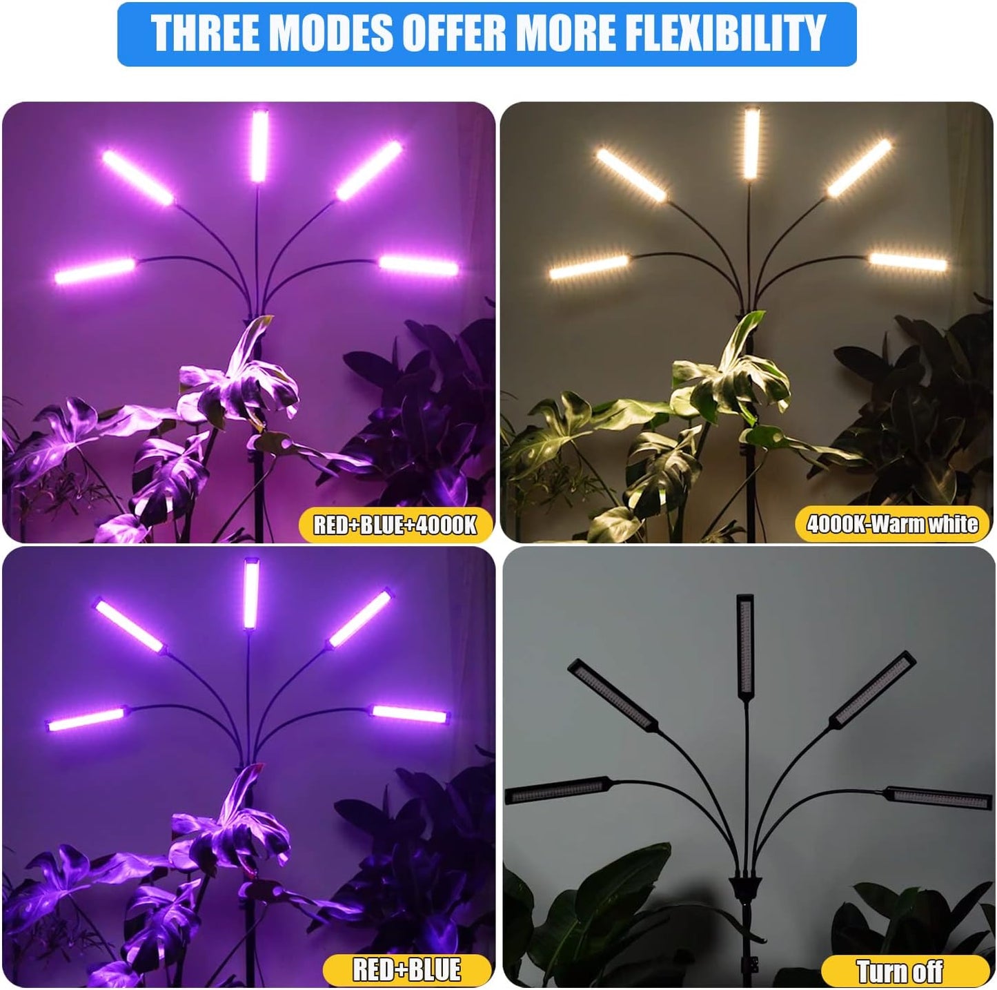 Grow Lights for Indoor Plants 5 Heads, Full Spectrum Plant Lights for Indoor Growing with Tripod Stand, Auto On/Off Timing 1-19H, LED Grow Lights for Indoor Plants. (5 Wide Heads)