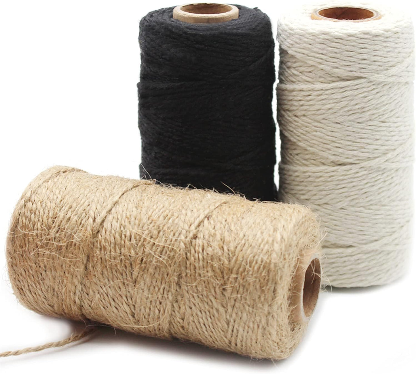 Anvin Cotton Twine - Natural Jute Packing & Wrapping Twines (Black, White) - 984 Feet, 10 Ply, 2mm Thick - Ideal for Bakers, Butchers, Arts & Crafts, Gardening - Pack of 3