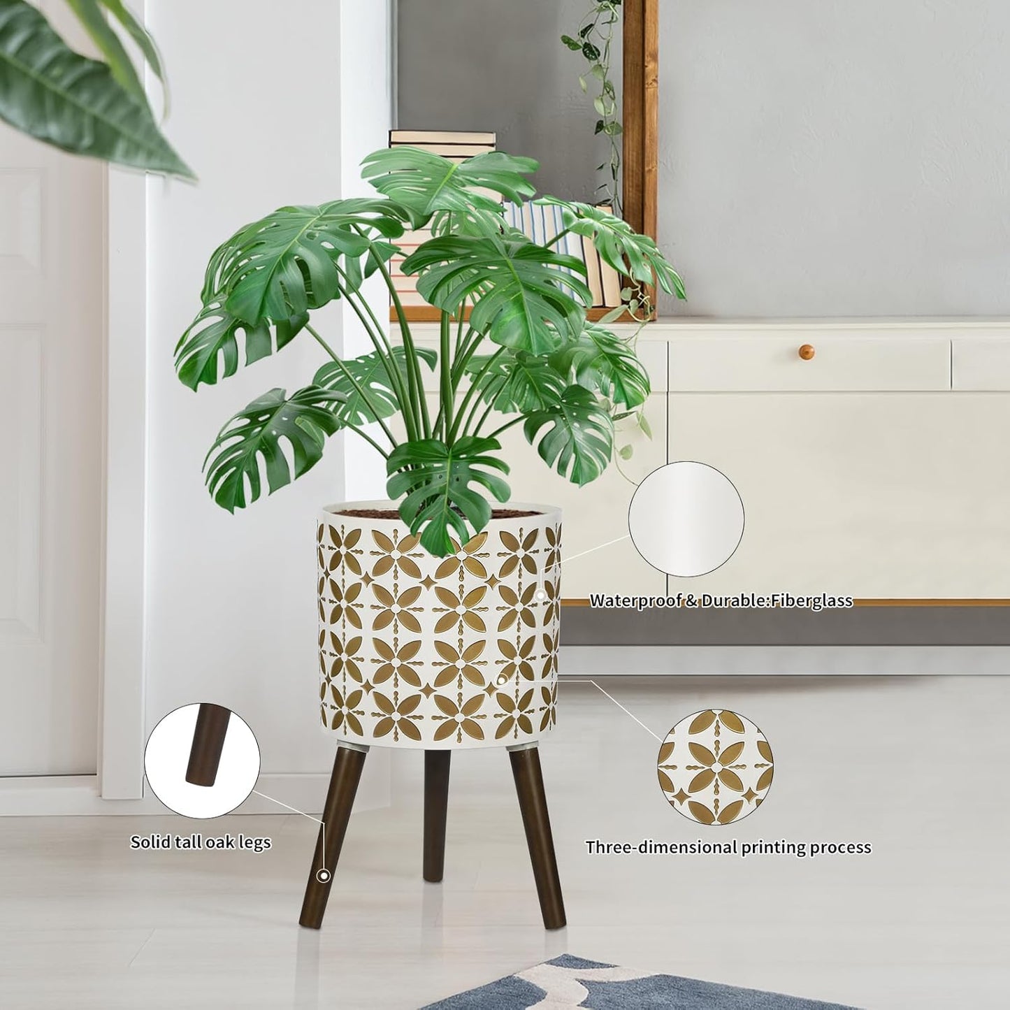 10 Inch Planter with Stand, Modern Plants Pot for Indoor Plants with Legs, Large Planter Pot with Drainage Holes for Outdoor,White/Gold