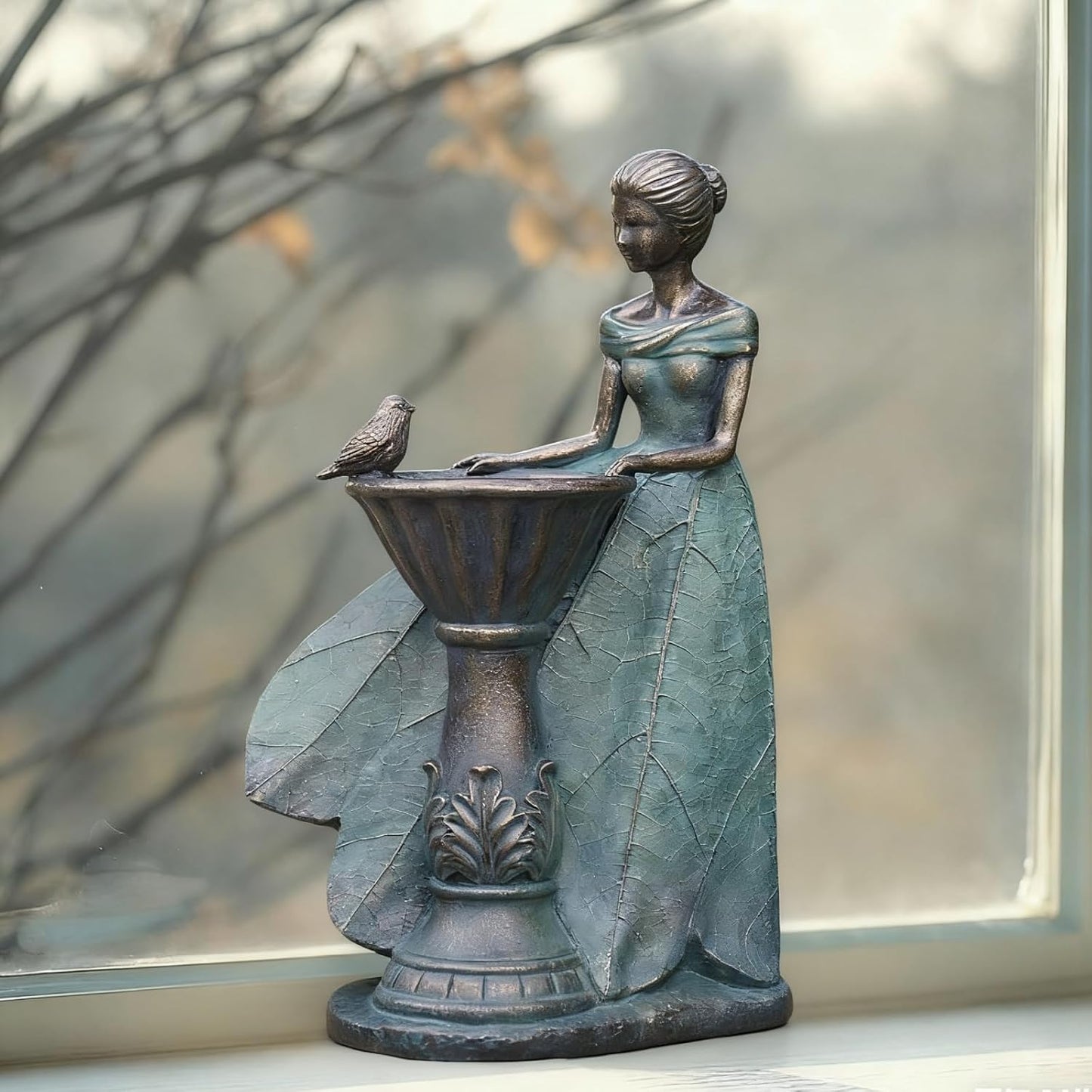 DiliComing Fairy Outdoor-Statues Garden-Decor with Solar - 12 Inch Resin Leaf Girls Birdbath Sculpture Waterproof Outdoor Decor for Patio/Yard, Unique Bird Feeder Figurines Home Decor Gifts for Women