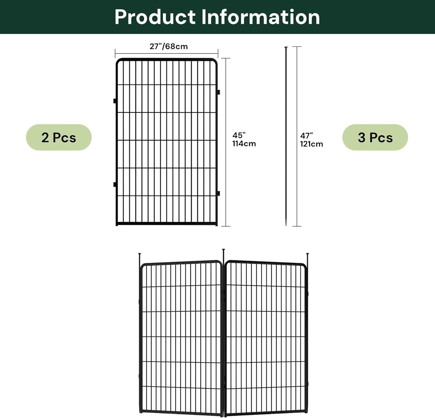 Doorless Garden Fence 45 in(H) x 4.5 ft(L) 2 Panels, Heavy Duty Metal Animal Barrier Fence, No Dig Fence for Dogs, Rabbit Fence for Garden, Black
