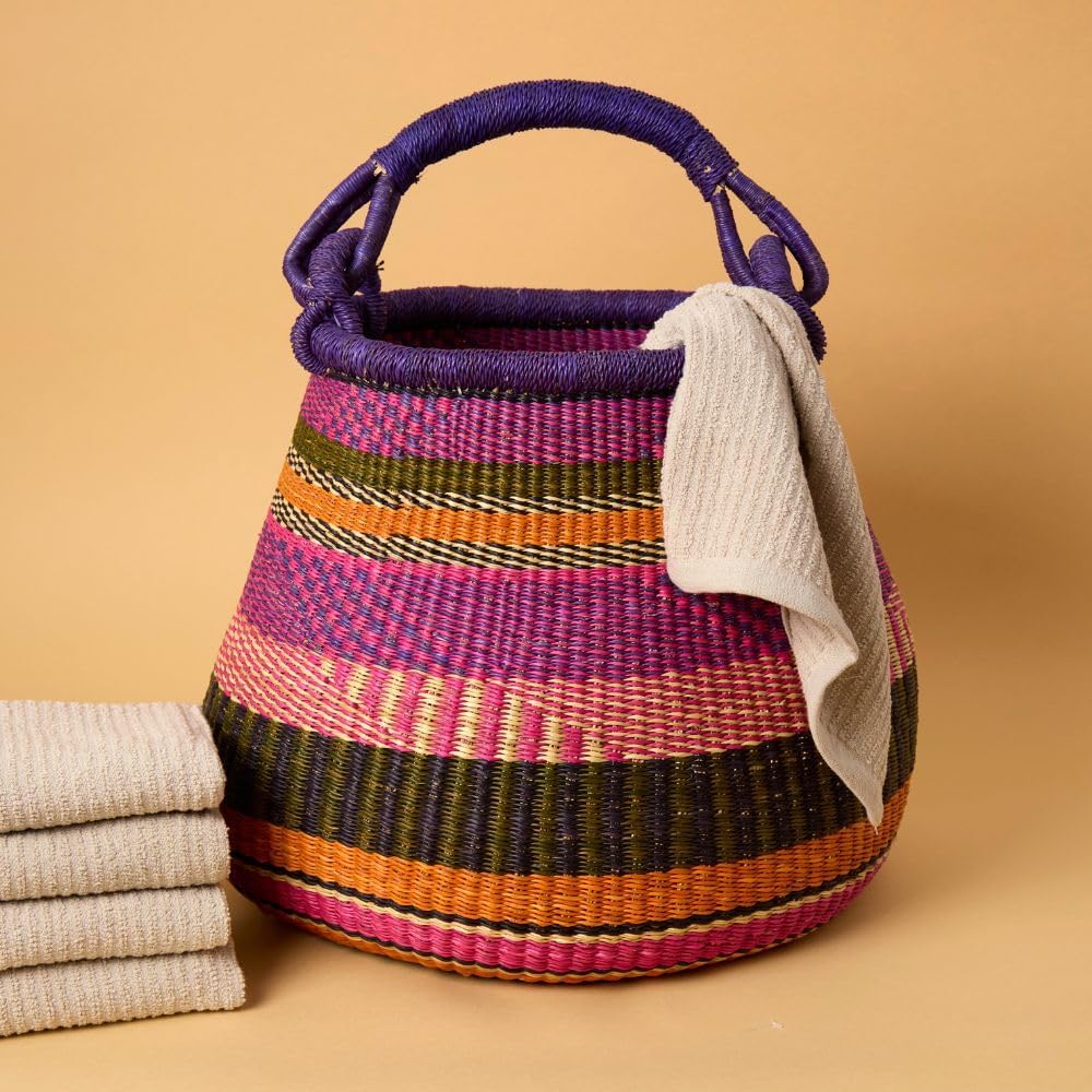 Home & Kitchen Decor, Wicker Basket, Picnic Basket, Living Room Basket, Organizing, Harvesting, Foraging, Fruit Storage, Hand Woven, Pot Shape, 16" Wide, Boho - Pink Purple