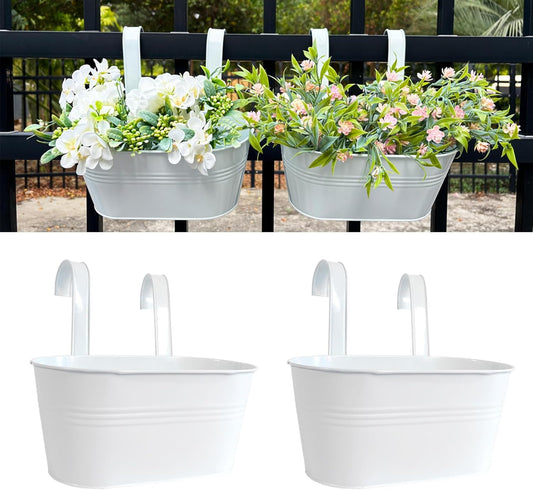 10" Hanging Flower Pots, Pack of 2 White Metal Outdoor Patio Balcony Planter, Railing Planters Fence Pot with Detachable Hook & Drainage Hole for Small Plants (White, 2Pcs)