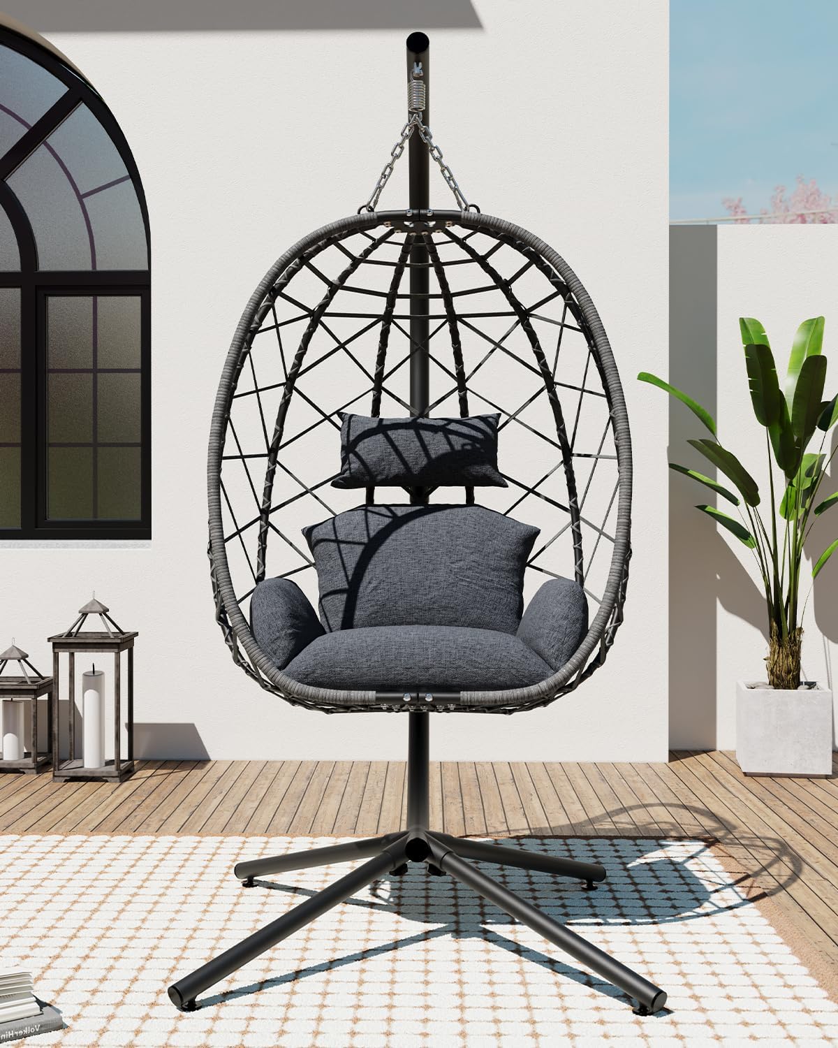 SWITTE Egg Swing Chair with Stand, Outdoor Patio Hanging Egg Chair, Indoor Hammock Chair with Cushion for Garden Backyard, 400LBS Capacity-Dark Grey