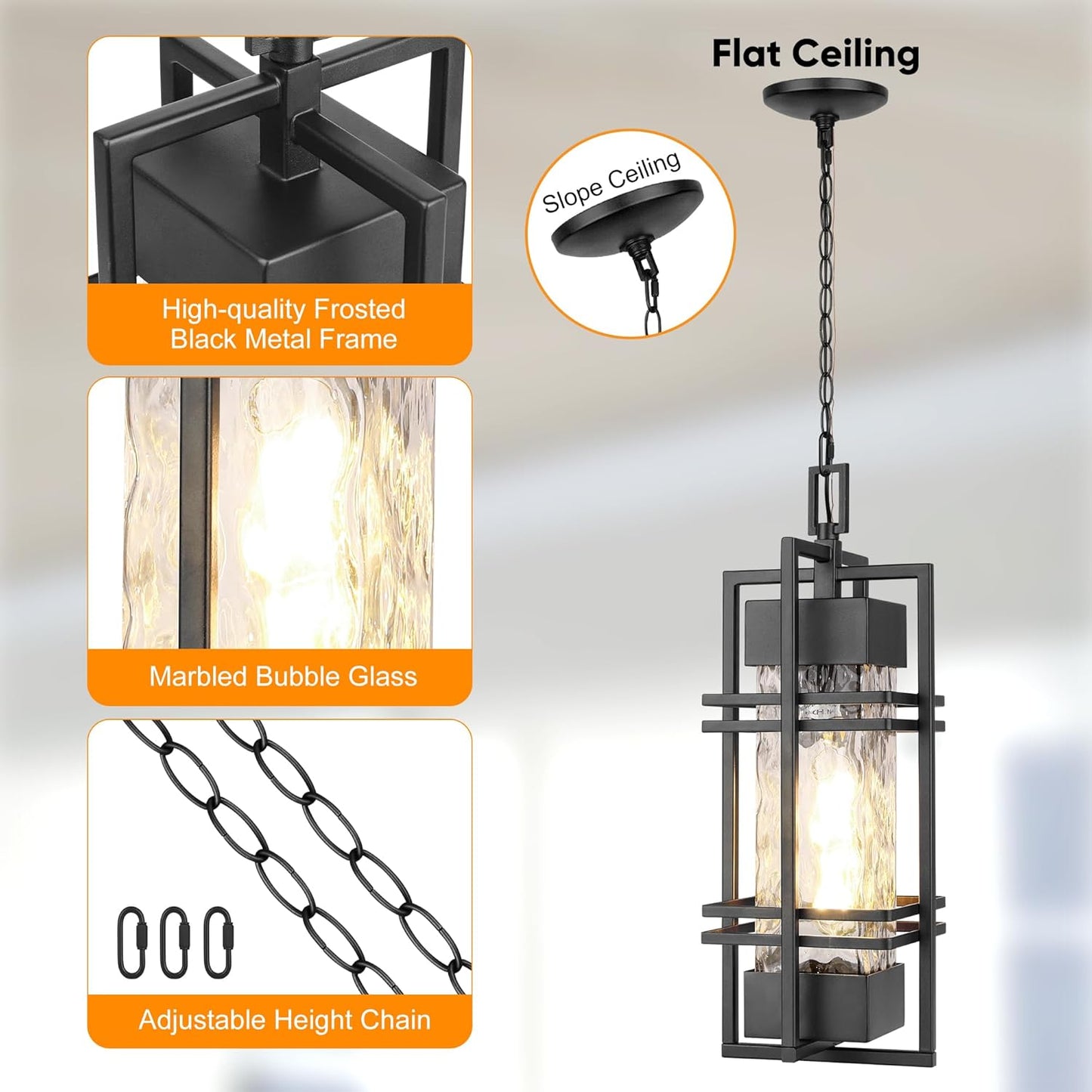 Large Outdoor Pendant Light Fixture, Modern Hanging Lantern Ceiling Mount, Anit-Rust Waterproof Chandelier Lighting Exterior with Stone Bubble Glass for Porch, Garage, Gazebo, Patio