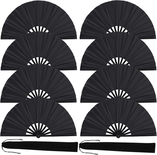 8 Pack Large Folding Hand Fans for Women/Men, Kungfu Taichi Rave Folding Fan with Bag, Large Popping Clacking Fans for Line Dancing, Concert, Party, Festival, Home Decorations(Black)