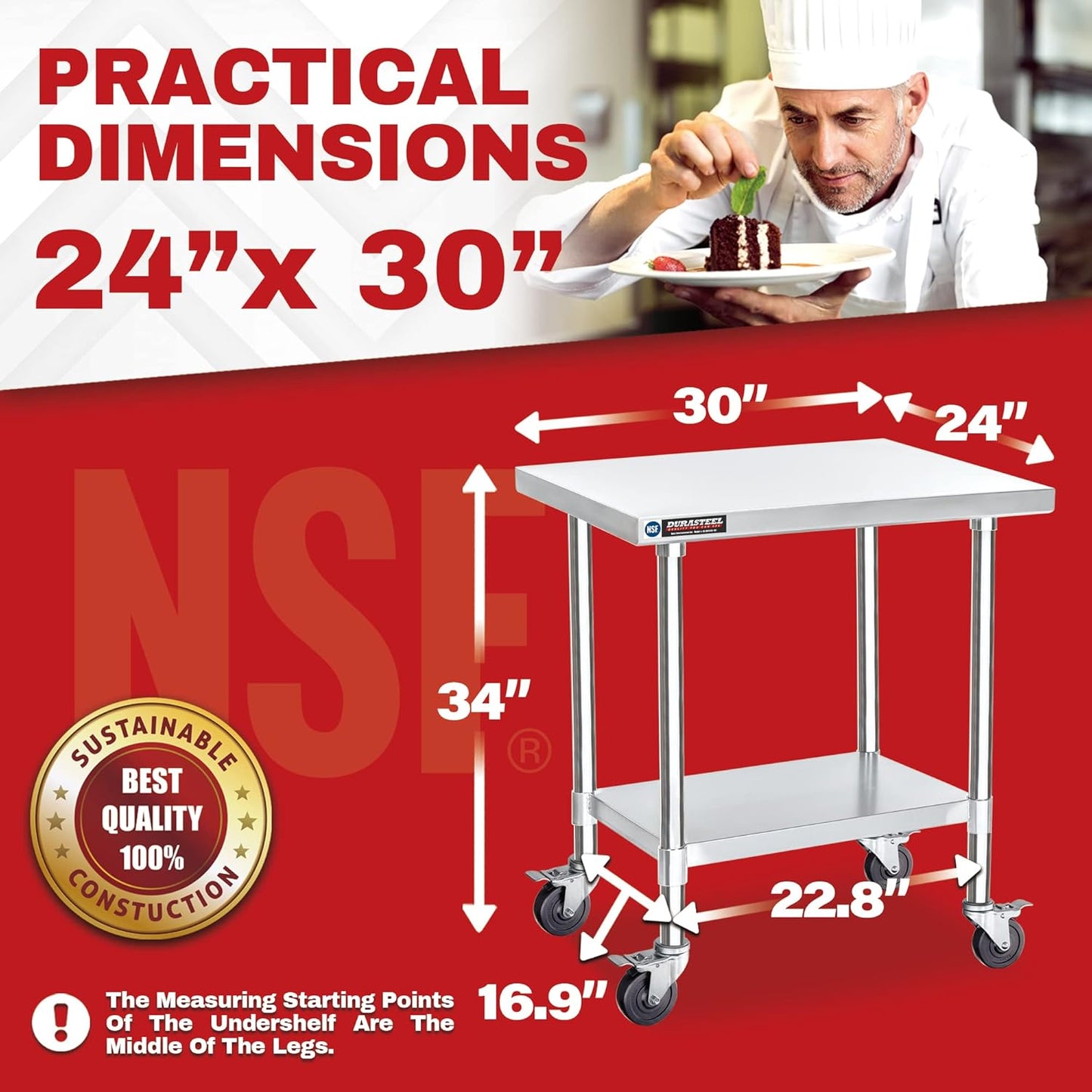 DuraSteel 24x30 NSF Stainless Steel Cart Work Table - Heavy Duty Rolling Food Prep Table Countertop Island - Metal Utility Cart on Wheels Caster, Grill Stand Storage Outdoor Kitchen Tables Bar Top