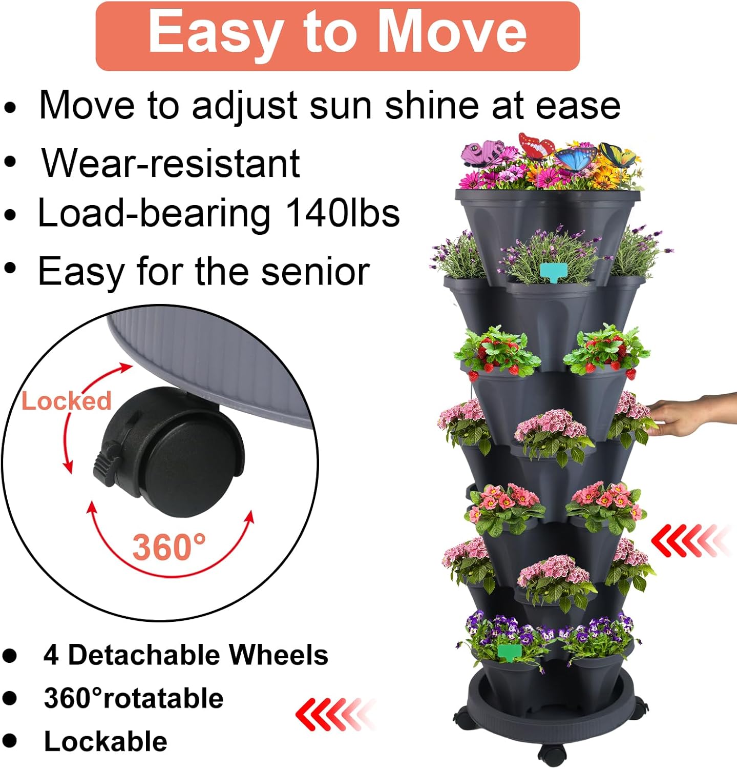 Vertical Planter, 7 Tier Stackable Strawberry Planter with Garden Tool Set, Movable Indoor/Outdoor Garden Herb Pot for Growing Vegetables and Succulents, Dark Gray