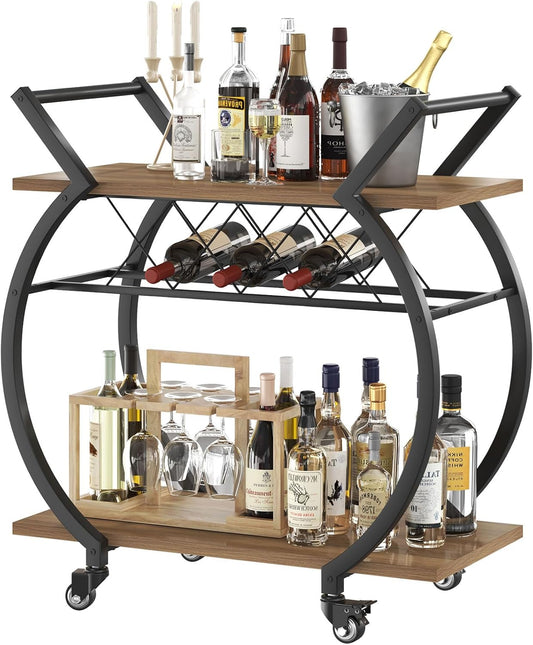 LVB Bar Cart with Wine Rack, 2 Tier Kitchen Cart on Wheels, Modern Wood and Metal Portable Coffee Cart Table for Home, Utility Industrial Mobile Serving Cart with Storage Shelf, Rustic Oak