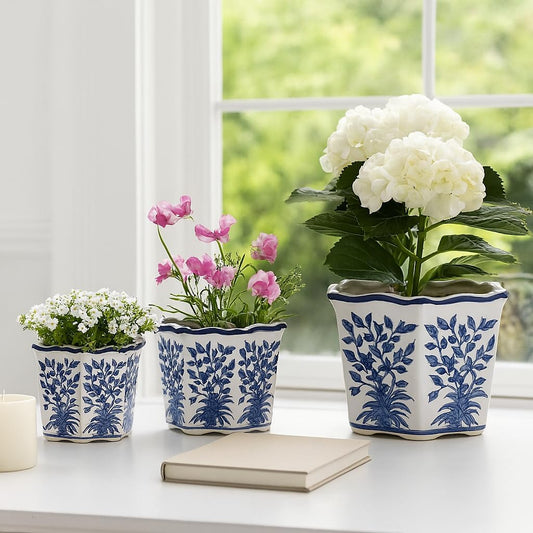 Home Decor Flower Pots and Planters – Intricate Pots with Floral Pattern for Indoor and Outdoor Plants - Vintage Plant Pots Great for Garden, Patio, or Room Decor Set of 3 – 9", 8", 7" Blue & White