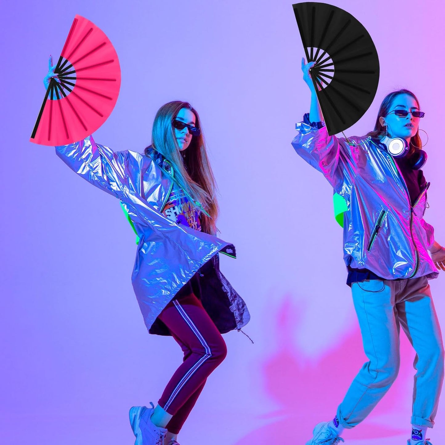 Blulu 4 Pcs 13 Inch Large Folding Hand Fans for Line Dancing Big Clapping Popping Raves Fans Bulk for Dancing Boots on The Ground Festival Party Decoration(Classic Style, Black, Rose Pink)