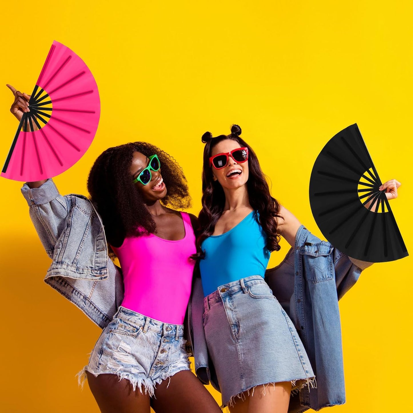 Blulu 4 Pcs 13 Inch Large Folding Hand Fans for Line Dancing Big Clapping Popping Raves Fans Bulk for Dancing Boots on The Ground Festival Party Decoration(Classic Style, Black, Rose Pink)