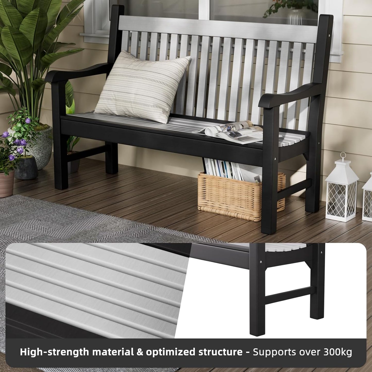 Garden Bench HDPS,Outdoor Benches Weatherproof with 660 lbs Weight Capacity, All-Weather Fade/Rot Resistant Patio Bench for Park, Front Porch, Backyard (Grey+White)