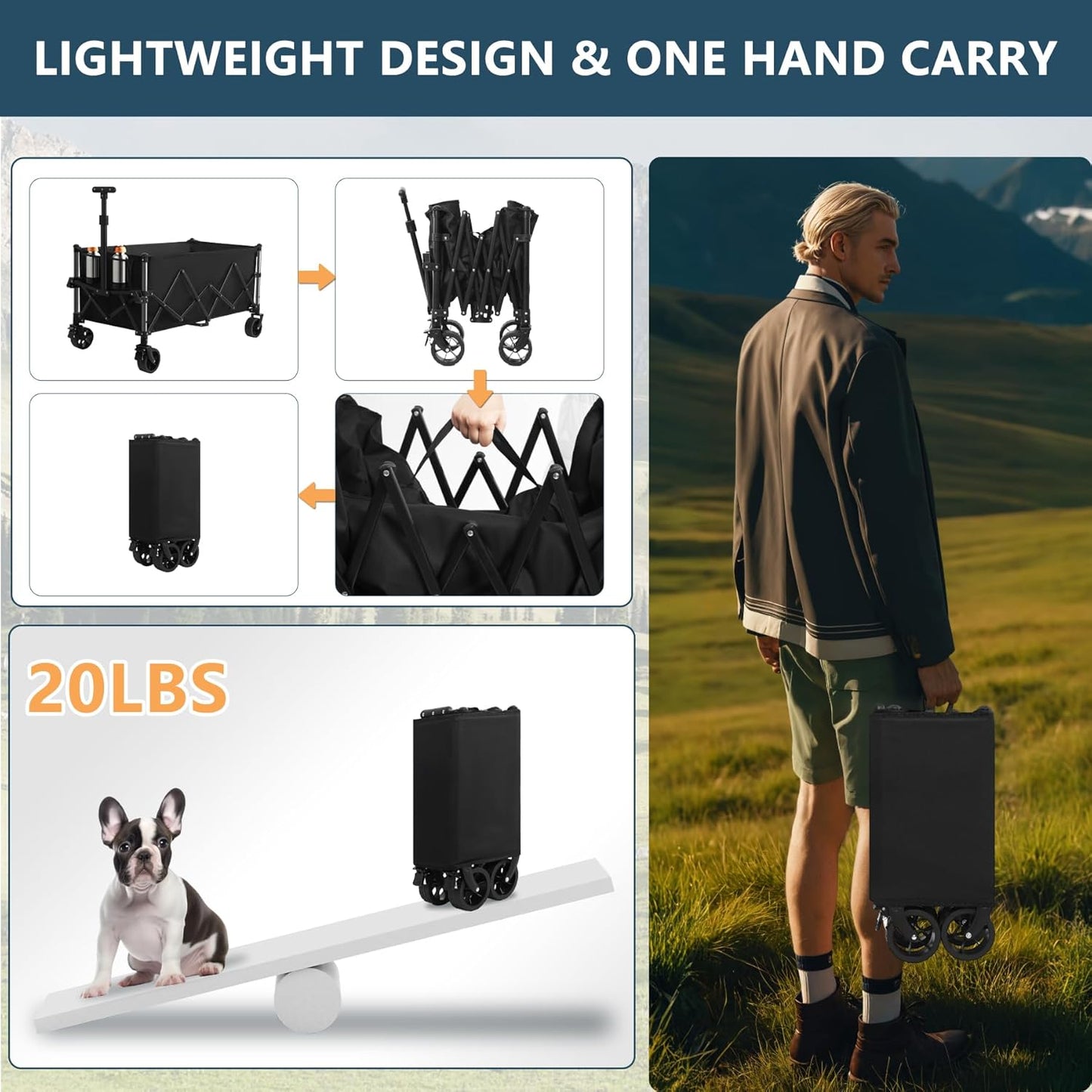 Favoyard Extra Large Collapsible Wagon Carts Foldable 220L & 360LBS Portable Folding Wagons with All-Terrain Wheels & Brakes Heavy Duty Outdoor Utility Carts for Grocery Camping Shopping Sports Garden