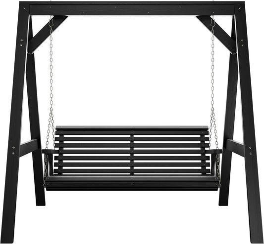 Amish Casual 6 Foot Roll Back Swing with A-Frame Stand in Semi Solid Black - Freestanding Wood Porch Swing for Patio, Yard or Garden
