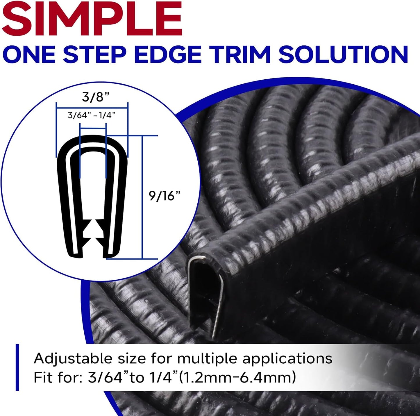 Rubber Edge Trim, U Channel Edge Trim with Metal Clips Edge Guard Protector, PVC Rubber Seal Strip for Sheet Metal, Car Doors, Hatches, Table Corners, Fit 3/64" to 1/4"(1.2mm-6.4mm), 16Ft, Black