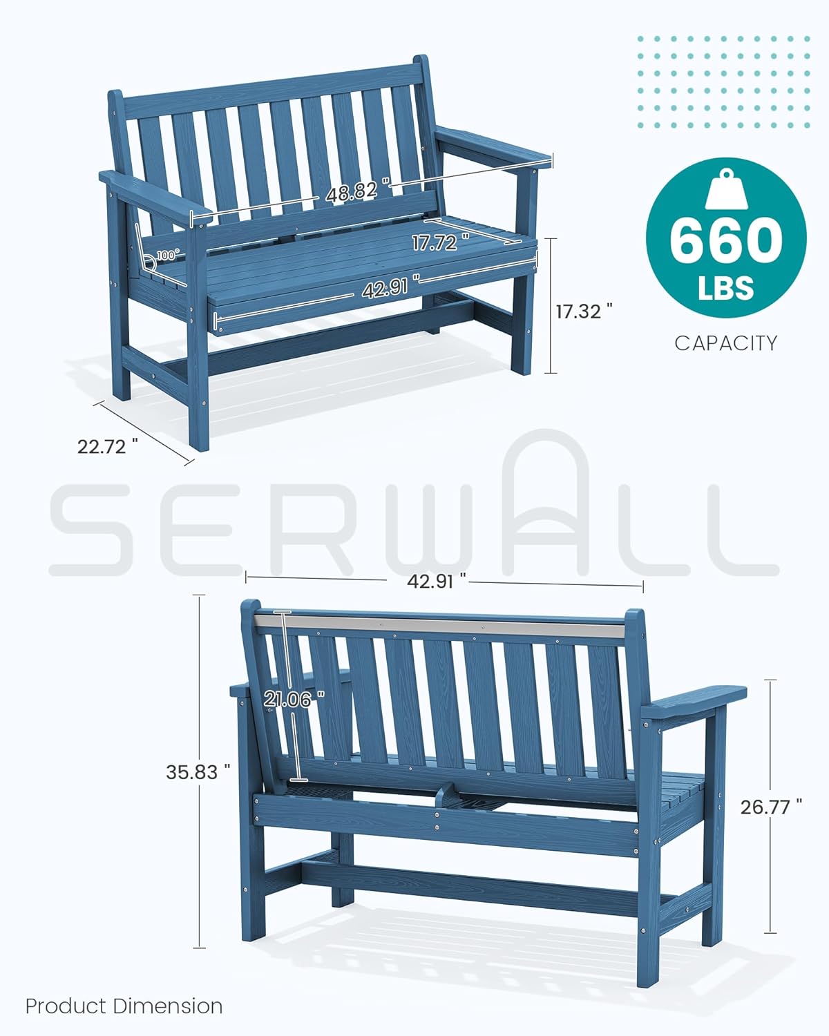 SERWALL Outdoor Bench, HDPE Outdoor Benches Weatherproof, 2-Person Garden Bench with 660 lbs Weight Capacity, Patio Benches for Outdoors, Garden, Porch, Backyard and Park, Navy, 4 Pack