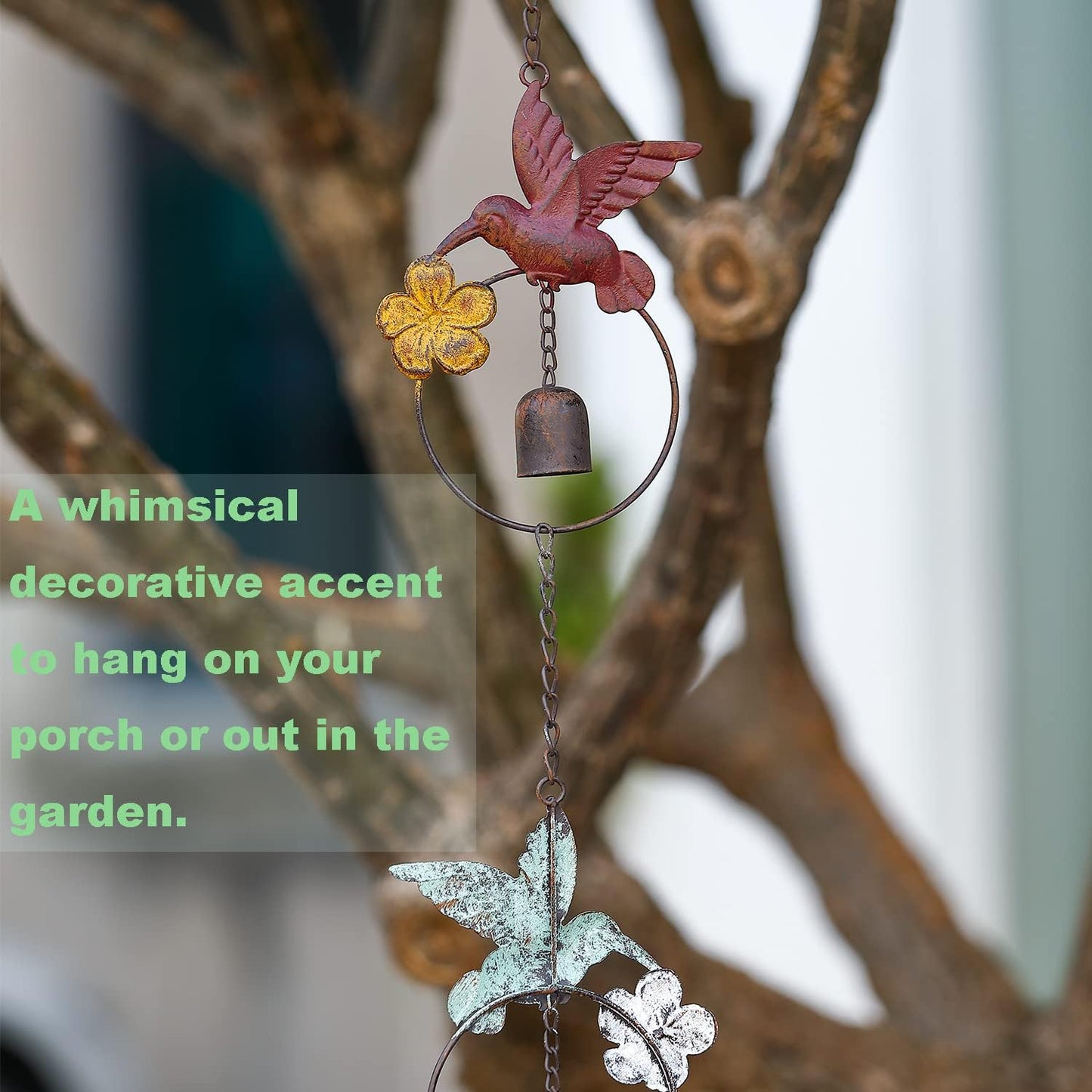 Jemeni 8.5' Length Flamed Hummingbird and Bell Rain Chain, Hanging Outdoor Garden Ornament, Colorful……