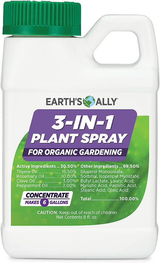 Earth's Ally 3-in-1 Plant Spray 8 oz Conc. Makes 6 gal | Better Than Neem Oil | Insecticide, Fungicide & Spider Mite Control for Organic Gardening, Pest Repellent for Indoor & Outdoor Gardening