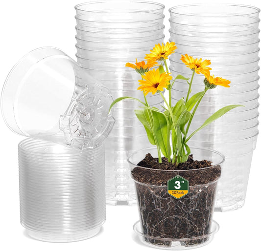 3 Inch Clear Nursery Pots, 30 Pack Highly Transparent Plastic Seedling Starter Planters with Drainage Holes and Trays for Flowers, Small Plant Pots for Indoor Plants