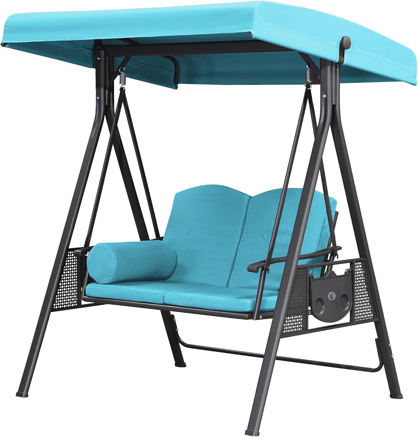 PURPLE LEAF Outdoor Patio Porch Swing with Stand, 2-seat Swing Chair with Adjustable Tilt Canopy All-Weather Steel Frame for Backyard Front Porch Lawn, Cushions and Pillow Included, Turquoise Blue