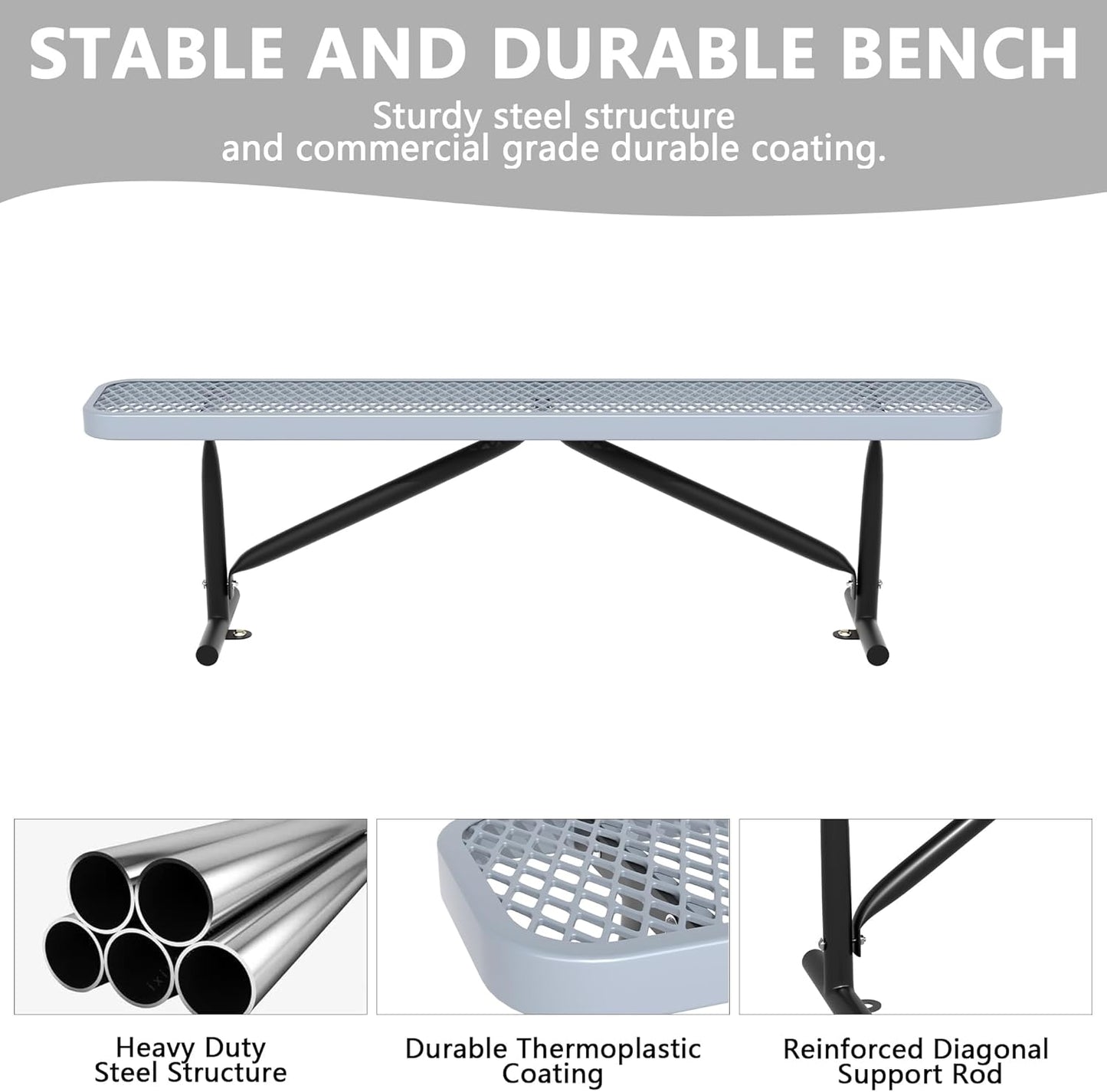 6 Feet Heavy Duty Metal Park Bench for Outside, Outdoor Bench with Portable Frame, Commercial Benches for Shopping Mall, Store, Park, Patio, Deck, Grey