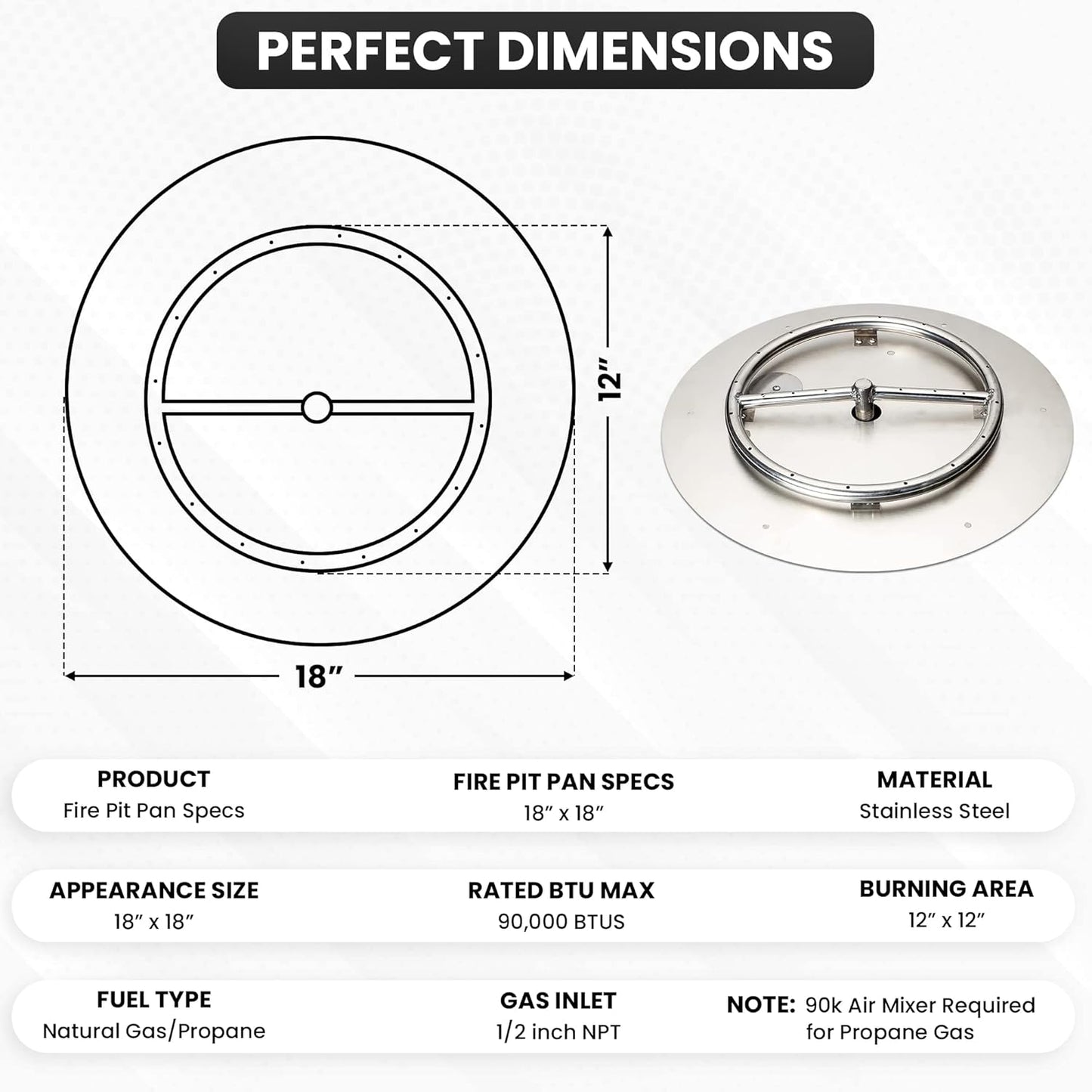 Stainless Steel Fire Pit Burner Pan & Ring, Works with Liquid Propane or Natural Gas, 18-Inch Pan, 12-Inch Ring, 90,000 BTU Max