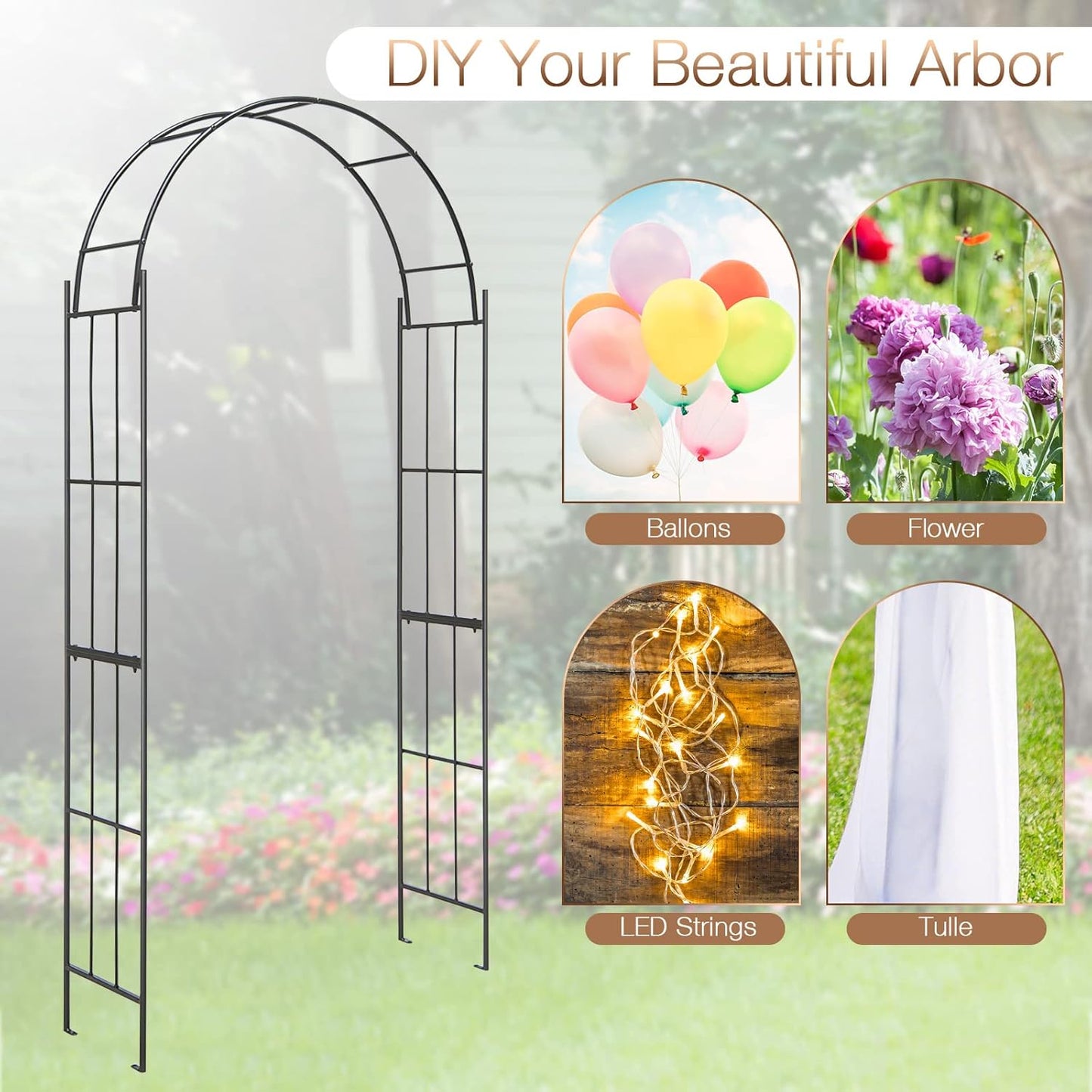 HAPPYGRILL Garden Arch, Garden Arbor with Trellis, Outdoor Garden Arbor with Stakes, Metal Garden Arch Trellis for Climbing Plants Vines, Wedding Ceremony Party Decor Arch, Garden Entrance Archway