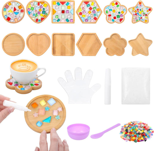 12 Sets DIY Glass Mosaic Tiles for Crafts Mixed Color Mosaic Kits with Wooden Coaster for Adults Handmade Coasters Making Set for Coaster Handmade Home Decoration Gifts